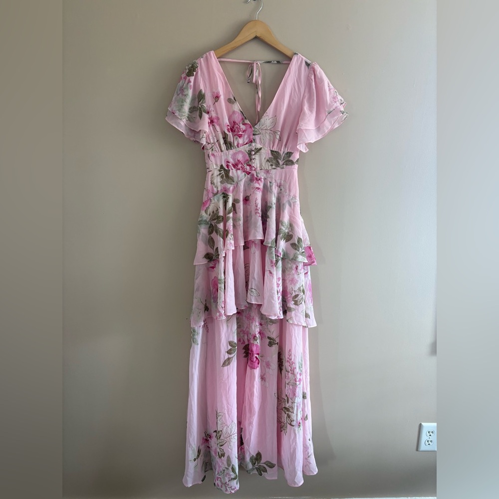 Lulus Midnight Mood Pink Floral Print Tiered Maxi Dress Size XS Feminine Wedding - Picture 3 of 13